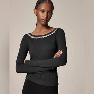 J. Crew Black Long Sleeve Top with Embellished Neckline
